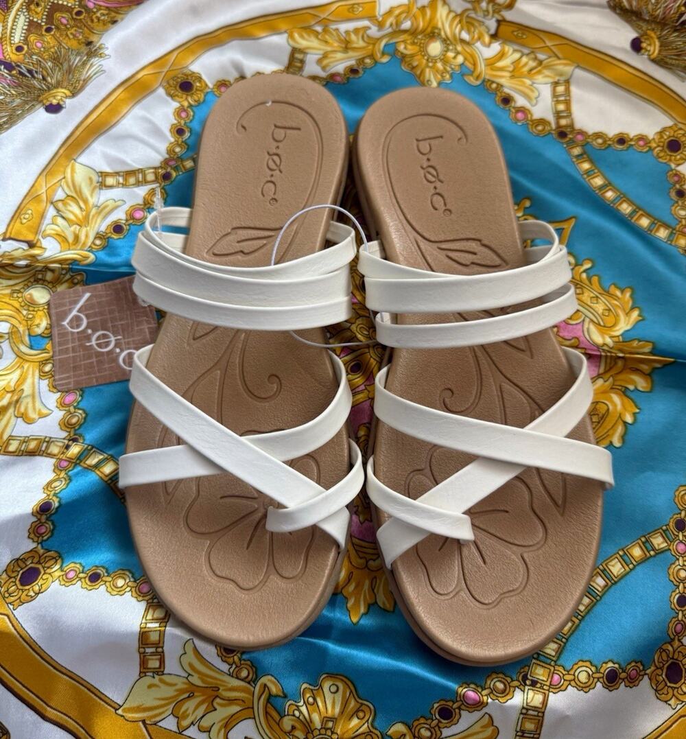 b.o.c Women's Strappy Slip-On Flat Sandals Comfort Logo White/Tan Size 9
